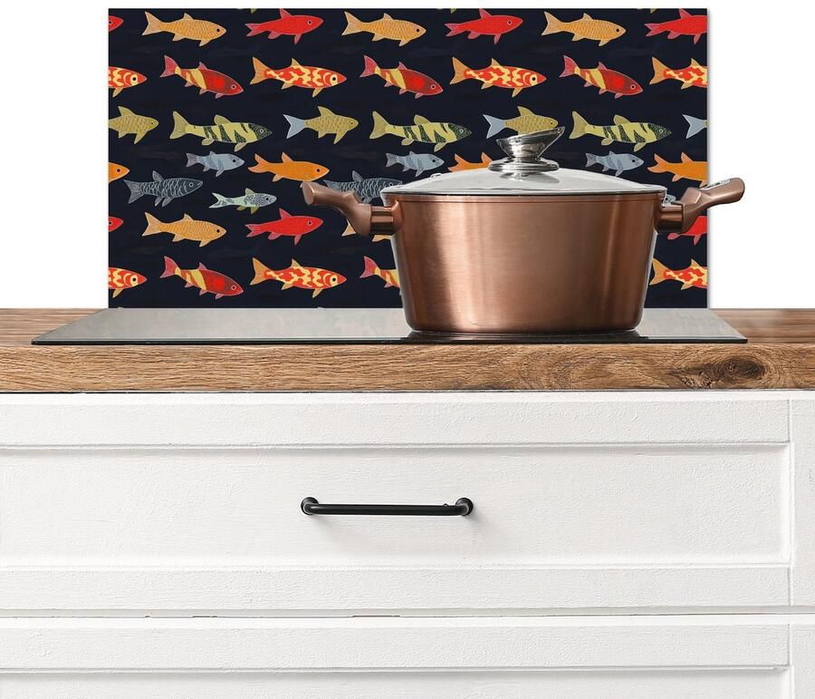 KitchenYeah Spatscherm keuken 70x30 cm Kookplaat achterwand Vissen Patroon Kleurrijk Muurbeschermer Spatwand fornuis Hoogwaardig aluminium