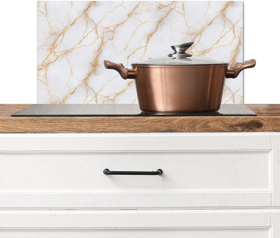 KitchenYeah Spatscherm keuken 60x30 cm Kookplaat achterwand Wit Goud Marmer print Aders Muurbeschermer Spatwand fornuis Hoogwaardig aluminium
