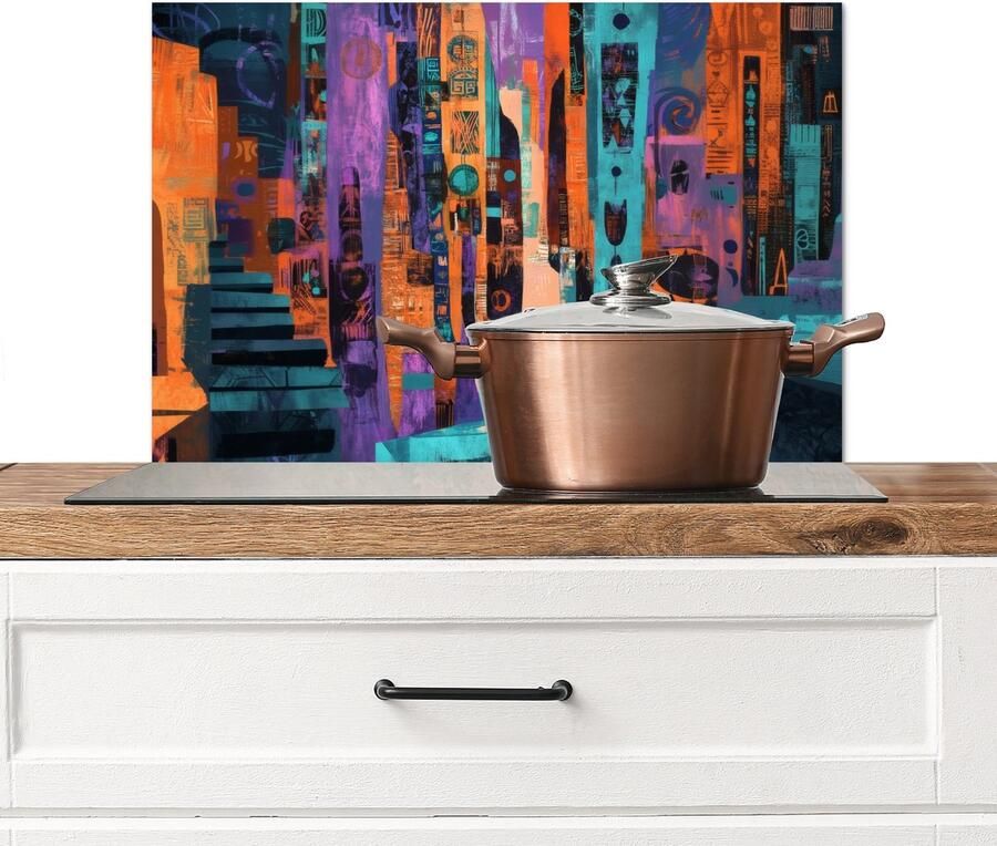 KitchenYeah Spatscherm keuken 70x50 cm Kookplaat achterwand Abstract Figuren Kleurrijk Muurbeschermer Spatwand fornuis Hoogwaardig aluminium