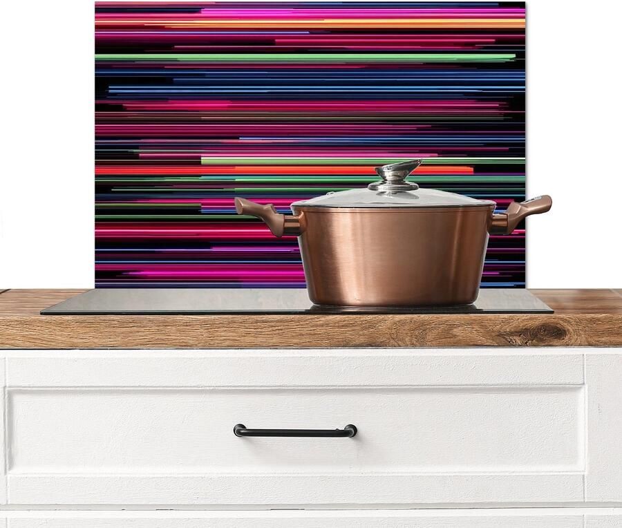 KitchenYeah Spatscherm keuken 70x50 cm Kookplaat achterwand Abstract Lijnen Horizontaal Kleurrijk Muurbeschermer Spatwand fornuis Hoogwaardig aluminium
