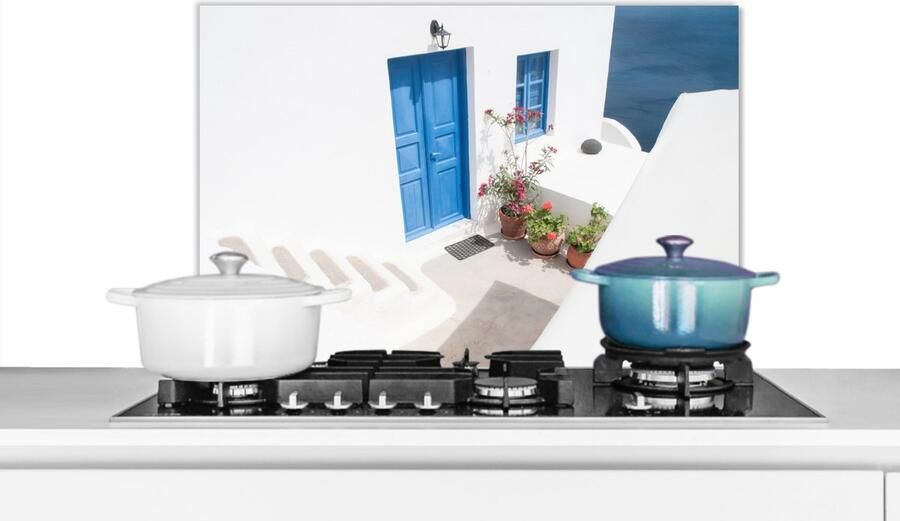 KitchenYeah Spatscherm keuken 70x50 cm Kookplaat achterwand Architectuur Blauw Wit Deur Muurbeschermer Spatwand fornuis Hoogwaardig aluminium