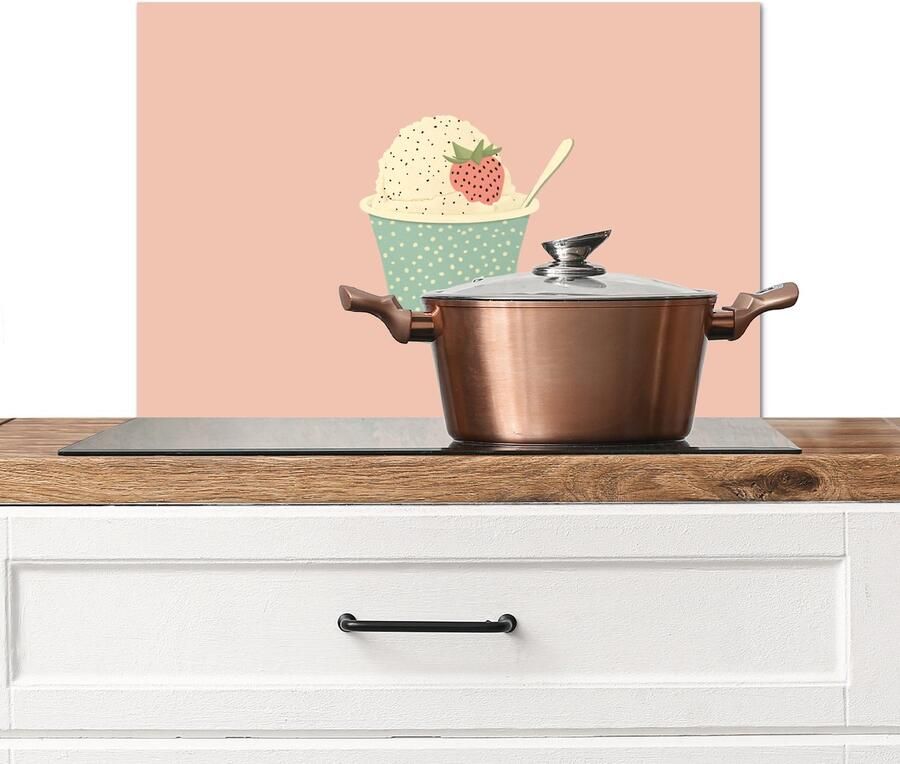 KitchenYeah Spatscherm keuken 70x50 cm Kookplaat achterwand Bakje Ijs Aardbei Roze Muurbeschermer Spatwand fornuis Hoogwaardig aluminium