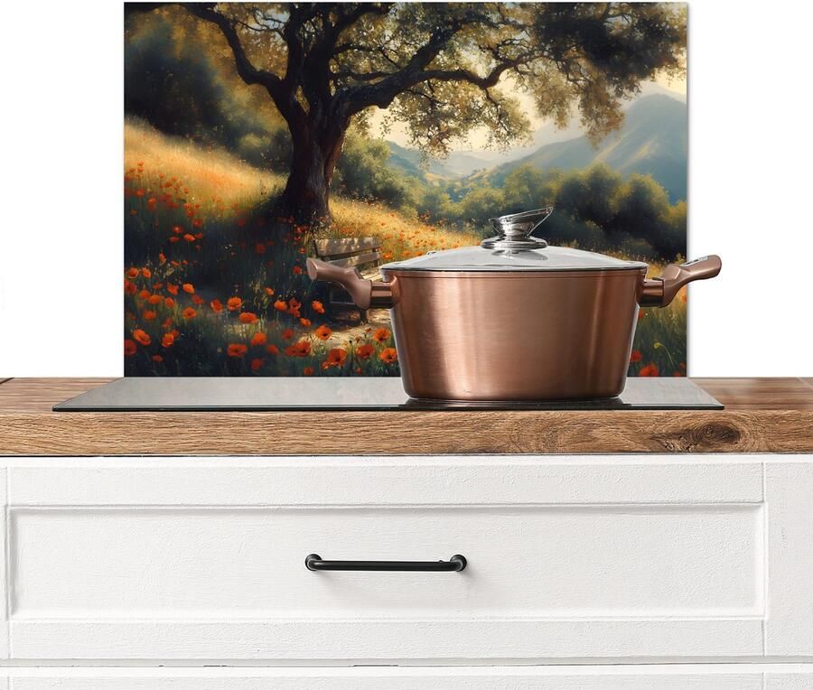 KitchenYeah Spatscherm keuken 70x50 cm Kookplaat achterwand Bankje Boom Klaprozen Heuvels Muurbeschermer Spatwand fornuis Hoogwaardig aluminium