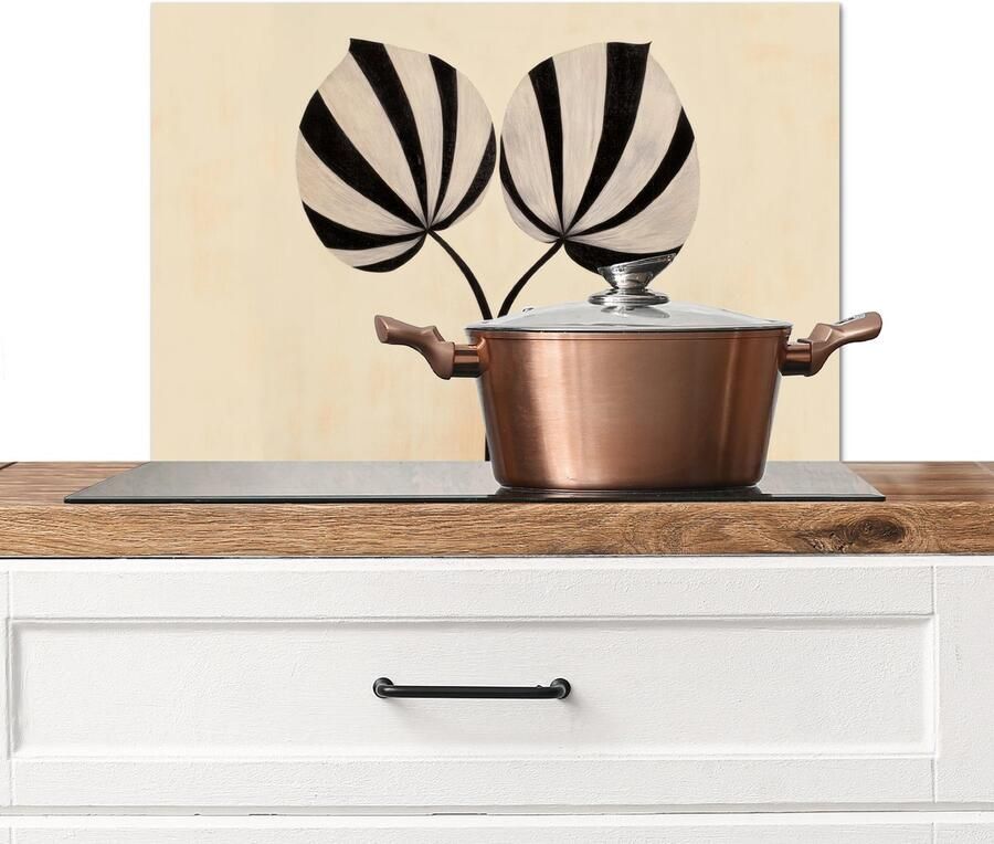 KitchenYeah Spatscherm keuken 70x50 cm Kookplaat achterwand Bladeren Gestreept Stengel Beige Muurbeschermer Spatwand fornuis Hoogwaardig aluminium