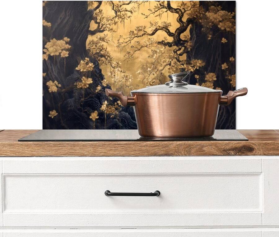 KitchenYeah Spatscherm keuken 70x50 cm Kookplaat achterwand Bloemen Takken Goud Sierlijk Muurbeschermer Spatwand fornuis Hoogwaardig aluminium