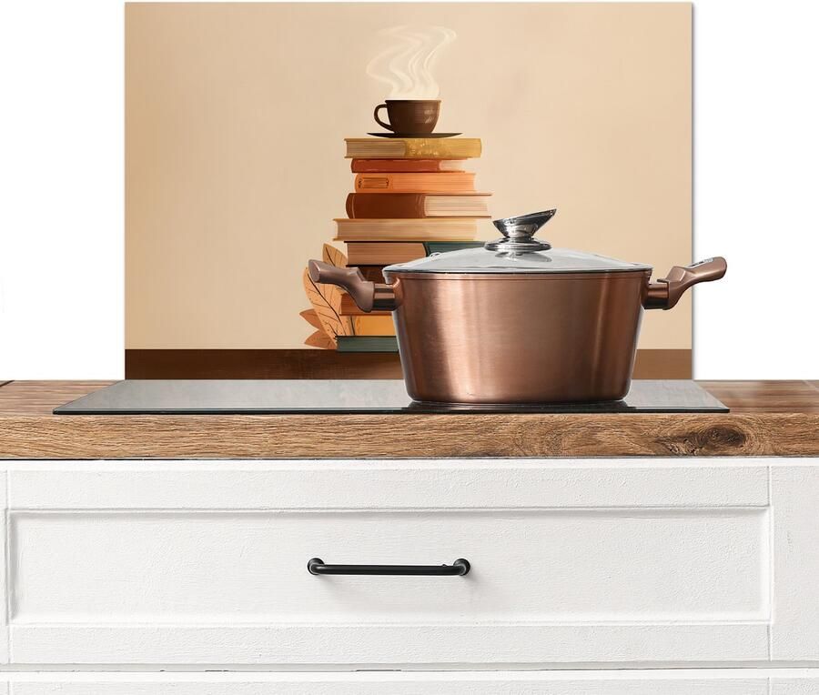 KitchenYeah Spatscherm keuken 70x50 cm Kookplaat achterwand Boeken Toren Koffie Beige Muurbeschermer Spatwand fornuis Hoogwaardig aluminium
