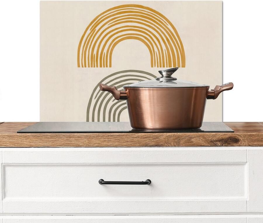 KitchenYeah Spatscherm keuken 70x50 cm Kookplaat achterwand Bogen Lijnen Oranje Minimalistisch Muurbeschermer Spatwand fornuis Hoogwaardig aluminium