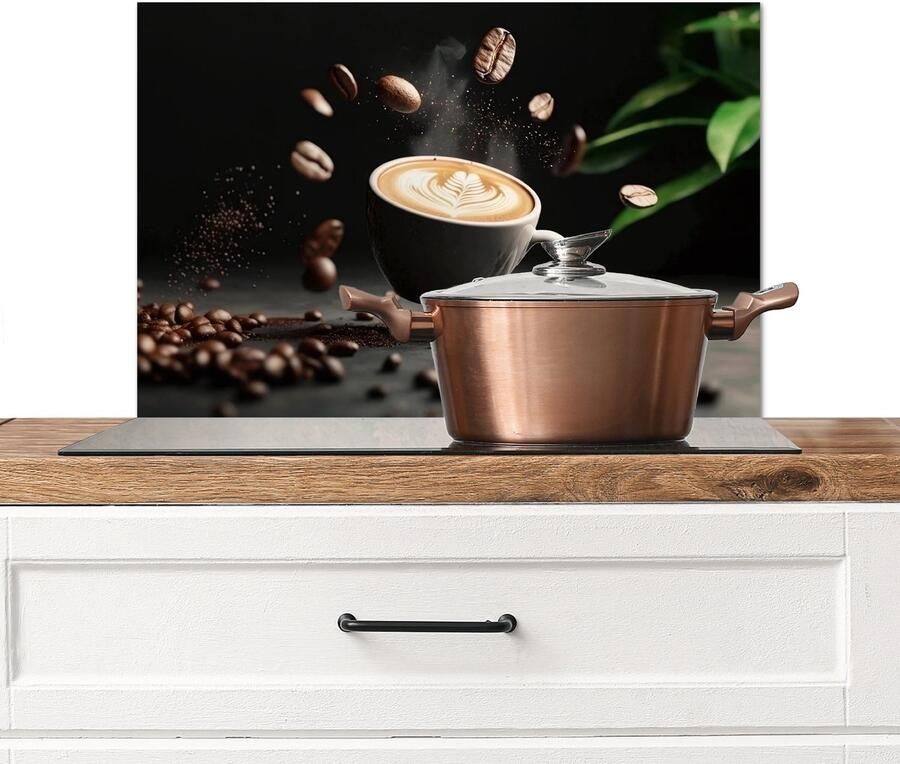 KitchenYeah Spatscherm keuken 70x50 cm Kookplaat achterwand Cappuccino Kop Bonen Bruin Muurbeschermer Spatwand fornuis Hoogwaardig aluminium