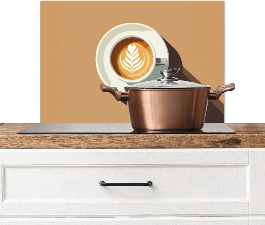 KitchenYeah Spatscherm keuken 70x50 cm Kookplaat achterwand Cappuccino Kop Schotel Minimalitisch Muurbeschermer Spatwand fornuis Hoogwaardig aluminium