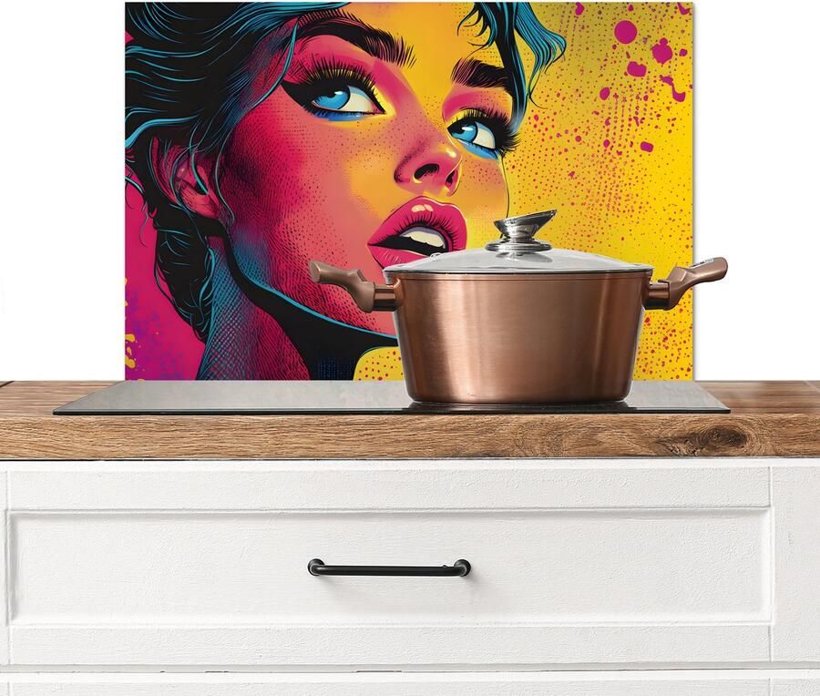 KitchenYeah Spatscherm keuken 70x50 cm Kookplaat achterwand Close-up Vrouwengezicht Stippen Geel Muurbeschermer Spatwand fornuis Hoogwaardig aluminium