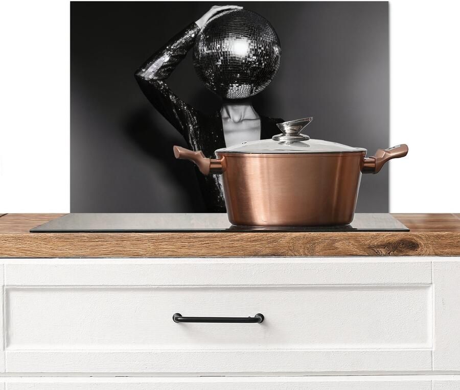 KitchenYeah Spatscherm keuken 70x50 cm Kookplaat achterwand Discobal Gezicht Glamour Zwart Muurbeschermer Spatwand fornuis Hoogwaardig aluminium