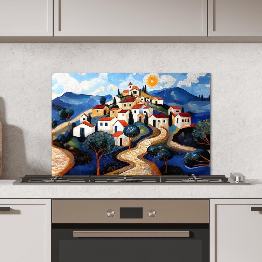 KitchenYeah Spatscherm keuken 70x50 cm Kookplaat achterwand Dorp Heuvelachtig Zon Mozaïek Muurbeschermer Spatwand fornuis Hoogwaardig aluminium