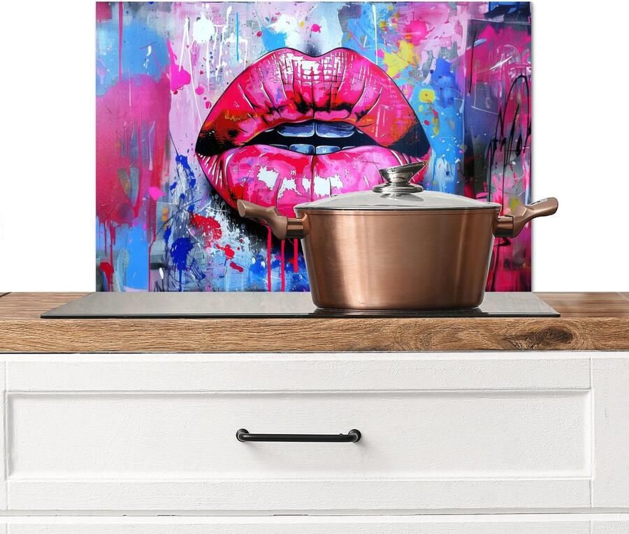 KitchenYeah Spatscherm keuken 70x50 cm Kookplaat achterwand Graffiti Lippen Felroze Geschilderd Muurbeschermer Spatwand fornuis Hoogwaardig aluminium