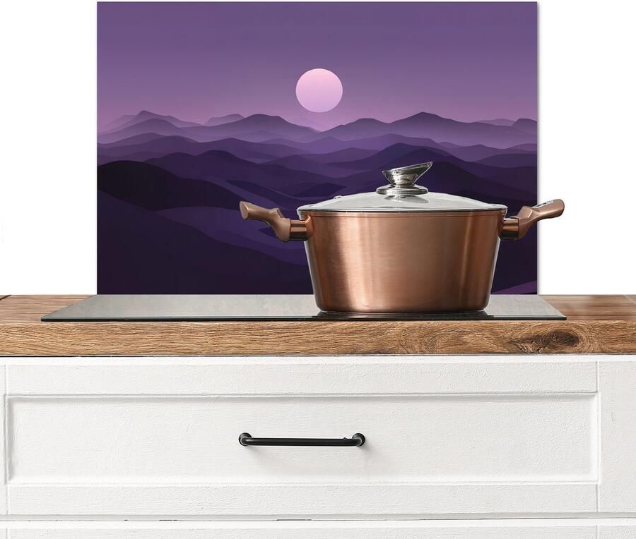 KitchenYeah Spatscherm keuken 70x50 cm Kookplaat achterwand Heuvels Paars Mist Zon Muurbeschermer Spatwand fornuis Hoogwaardig aluminium