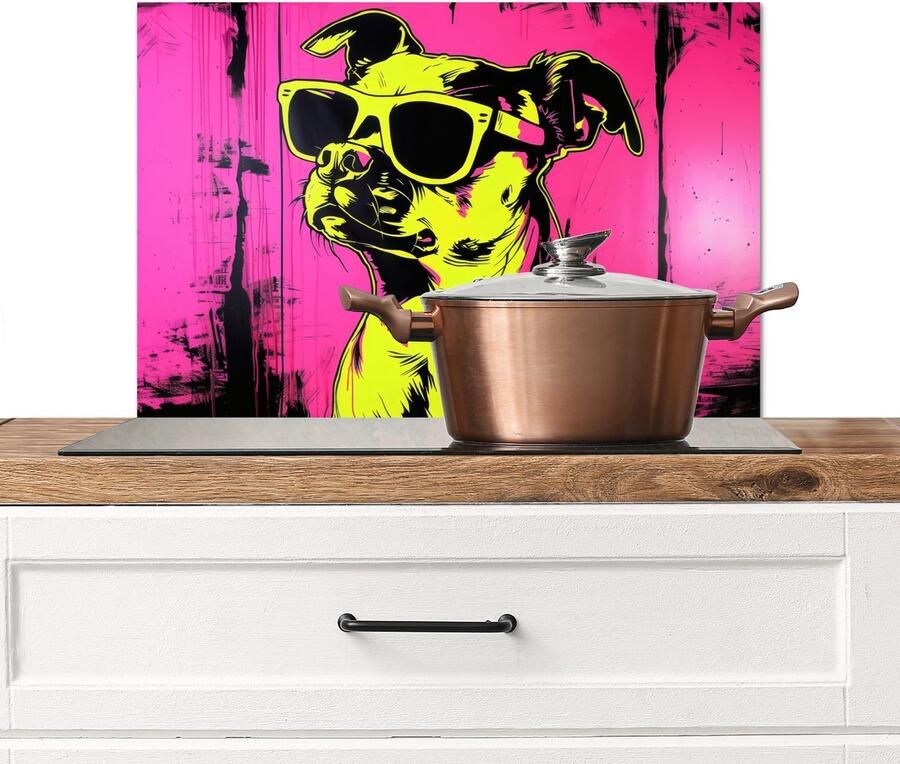 KitchenYeah Spatscherm keuken 70x50 cm Kookplaat achterwand Hond Zonnebril Roze Art Muurbeschermer Spatwand fornuis Hoogwaardig aluminium