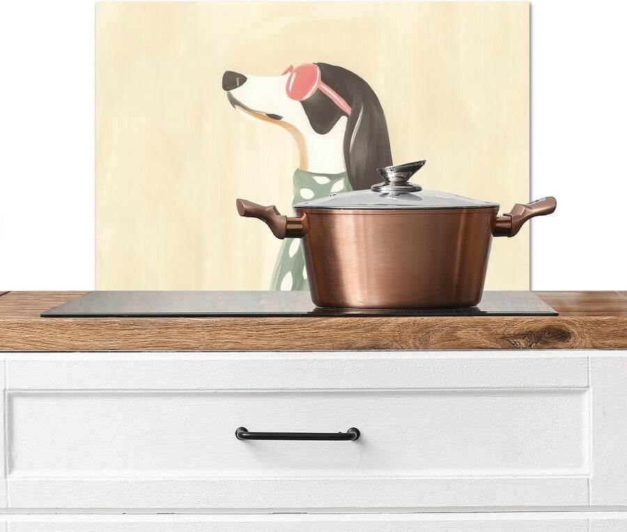 KitchenYeah Spatscherm keuken 70x50 cm Kookplaat achterwand Hond Zonnebril Sjaal Muurbeschermer Spatwand fornuis Hoogwaardig aluminium
