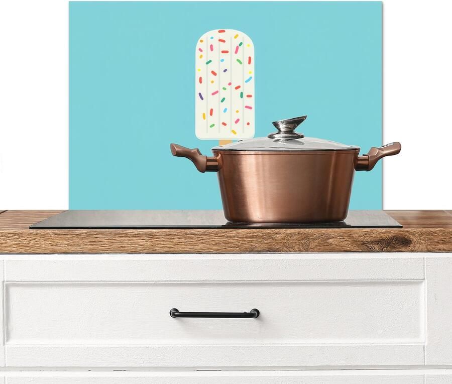 KitchenYeah Spatscherm keuken 70x50 cm Kookplaat achterwand Ijsje Stokje Sprinkles Lichtblauw Muurbeschermer Spatwand fornuis Hoogwaardig aluminium