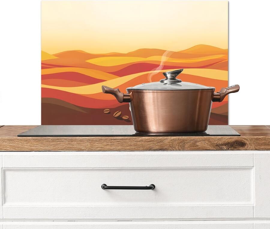 KitchenYeah Spatscherm keuken 70x50 cm Kookplaat achterwand Koffie Landschap Oranje Koffiebonen Muurbeschermer Spatwand fornuis Hoogwaardig aluminium
