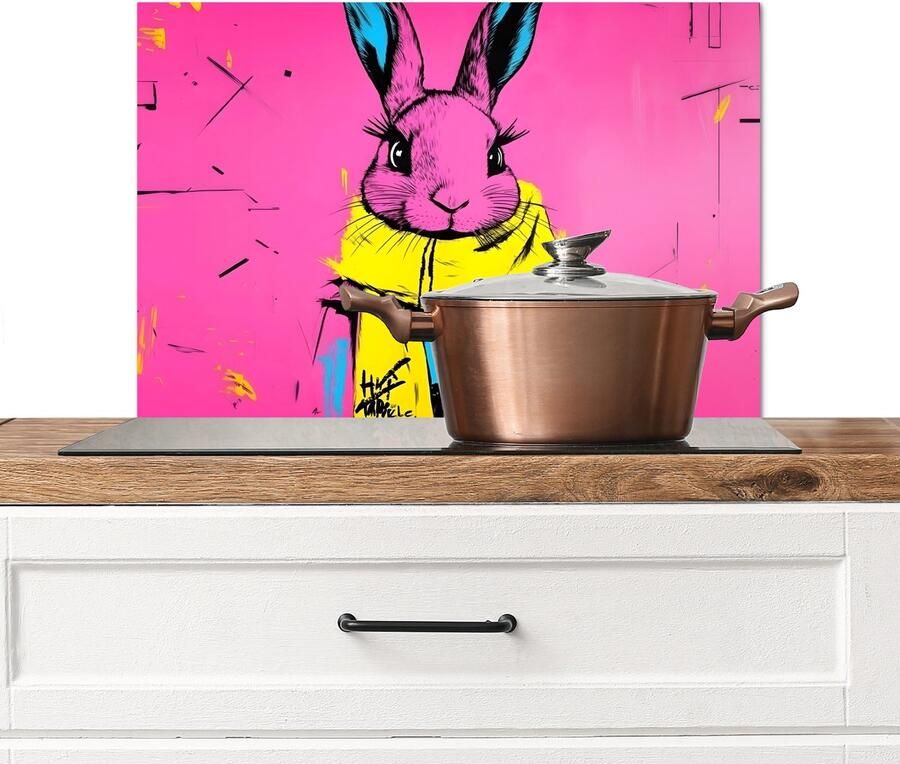 KitchenYeah Spatscherm keuken 70x50 cm Kookplaat achterwand Konijn Felroze Sjaal Abstract Muurbeschermer Spatwand fornuis Hoogwaardig aluminium