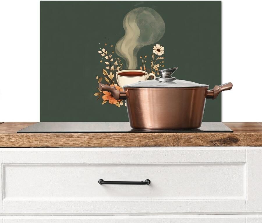 KitchenYeah Spatscherm keuken 70x50 cm Kookplaat achterwand Kop Bloemen Groen Koffie Muurbeschermer Spatwand fornuis Hoogwaardig aluminium