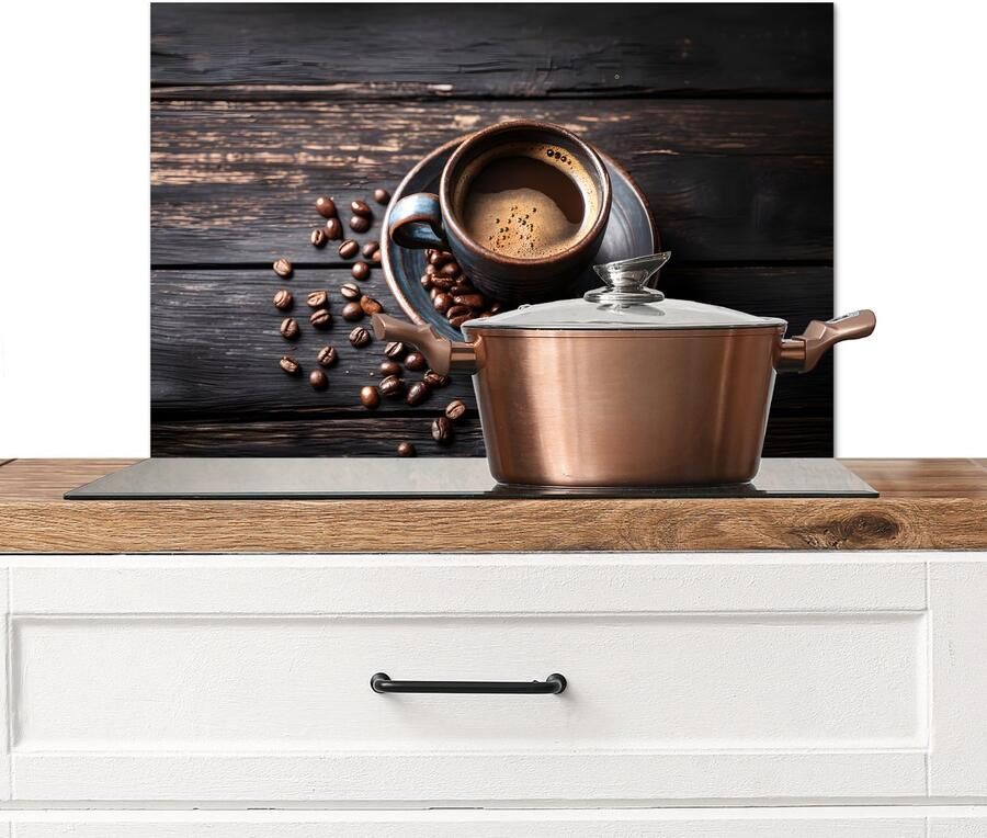 KitchenYeah Spatscherm keuken 70x50 cm Kookplaat achterwand Kop Koffie Hout Bonen Muurbeschermer Spatwand fornuis Hoogwaardig aluminium