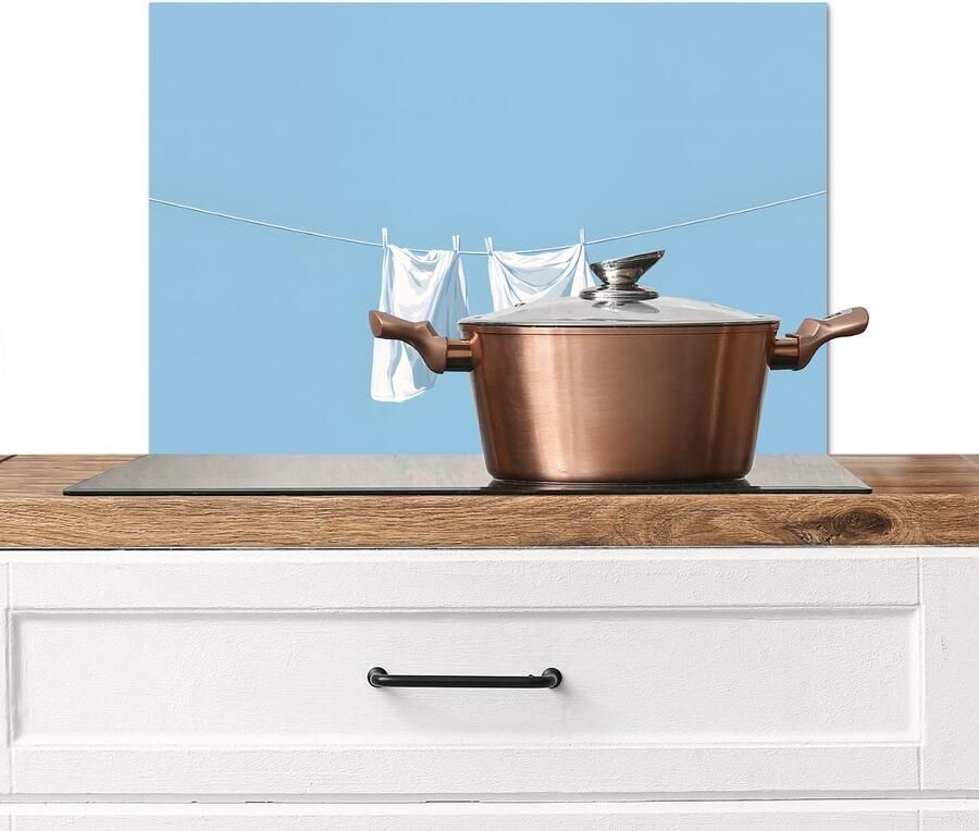 KitchenYeah Spatscherm keuken 70x50 cm Kookplaat achterwand Lakens Waslijn Blauw Minimalistisch Muurbeschermer Spatwand fornuis Hoogwaardig aluminium