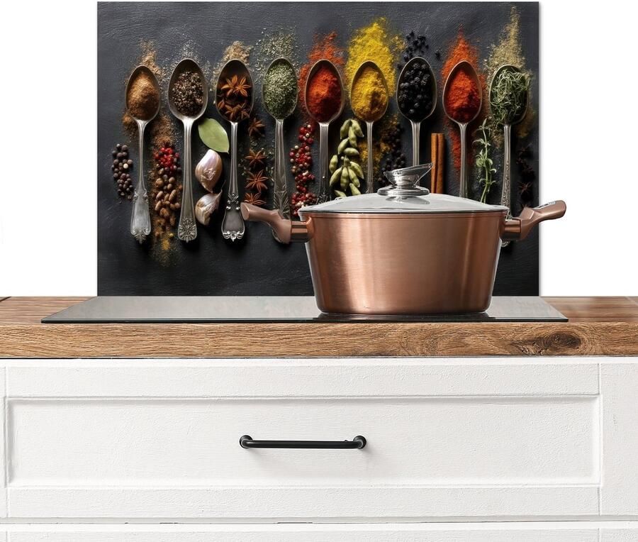 KitchenYeah Spatscherm keuken 70x50 cm Kookplaat achterwand Lepels Specerijen Kaneel Chili Muurbeschermer Spatwand fornuis Hoogwaardig aluminium