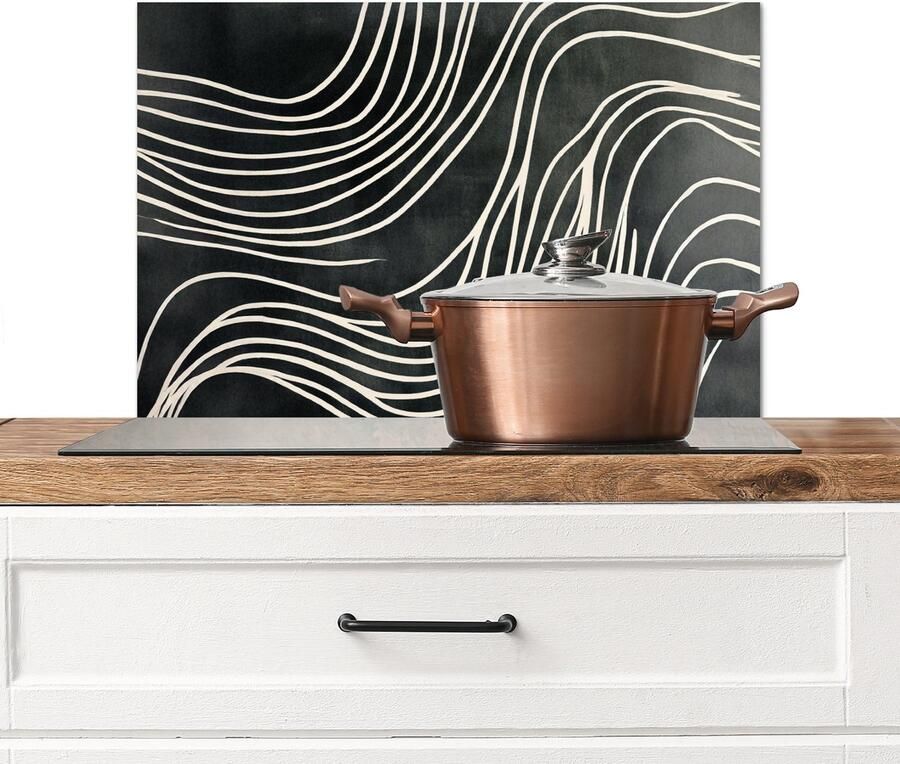 KitchenYeah Spatscherm keuken 70x50 cm Kookplaat achterwand Lijnen Patroon Abstract Wit Muurbeschermer Spatwand fornuis Hoogwaardig aluminium