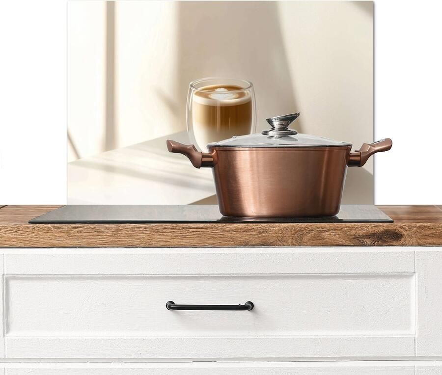 KitchenYeah Spatscherm keuken 70x50 cm Kookplaat achterwand Mok Latte Minimalistisch Schaduw Muurbeschermer Spatwand fornuis Hoogwaardig aluminium
