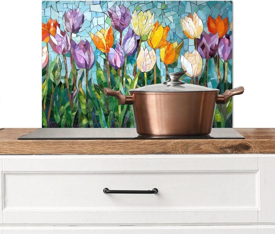 KitchenYeah Spatscherm keuken 70x50 cm Kookplaat achterwand Mozaïek Veld Tulpen Kleurrijk Muurbeschermer Spatwand fornuis Hoogwaardig aluminium