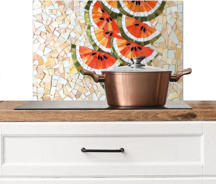 KitchenYeah Spatscherm keuken 70x50 cm Kookplaat achterwand Mozaïek Watermeloen Rood Pitten Muurbeschermer Spatwand fornuis Hoogwaardig aluminium