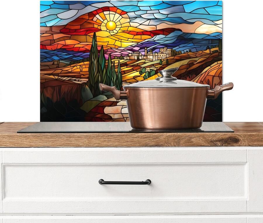 KitchenYeah Spatscherm keuken 70x50 cm Kookplaat achterwand Mozaïek Zon Landschap Dorp Muurbeschermer Spatwand fornuis Hoogwaardig aluminium
