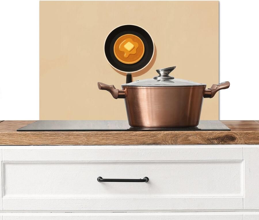 KitchenYeah Spatscherm keuken 70x50 cm Kookplaat achterwand Pannenkoek Koekenpan Boter Minimalistisch Muurbeschermer Spatwand fornuis Hoogwaardig aluminium