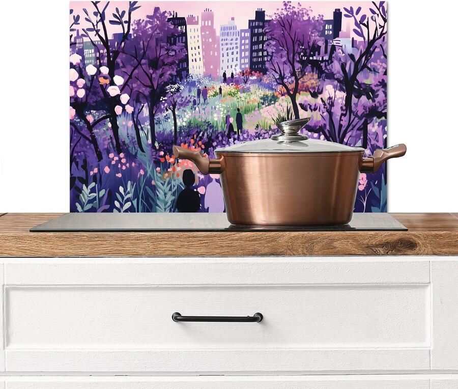 KitchenYeah Spatscherm keuken 70x50 cm Kookplaat achterwand Park Bomen Bloemen Gebouwen Muurbeschermer Spatwand fornuis Hoogwaardig aluminium