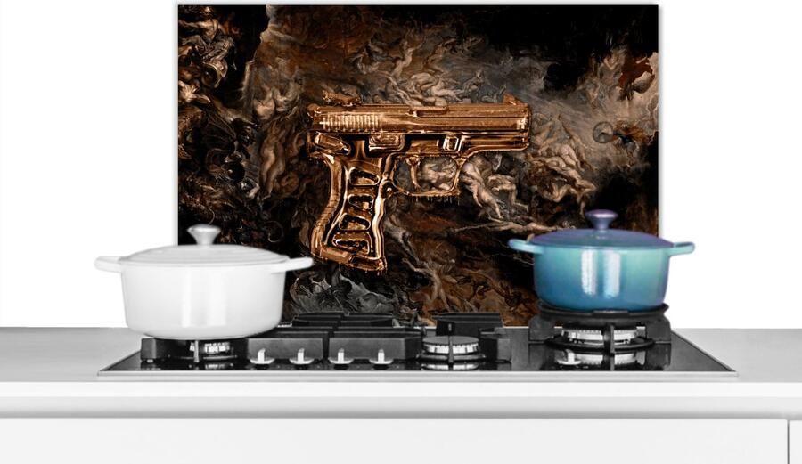 KitchenYeah Spatscherm keuken 70x50 cm Kookplaat achterwand Pistool Goud Rook Muurbeschermer Spatwand fornuis Hoogwaardig aluminium