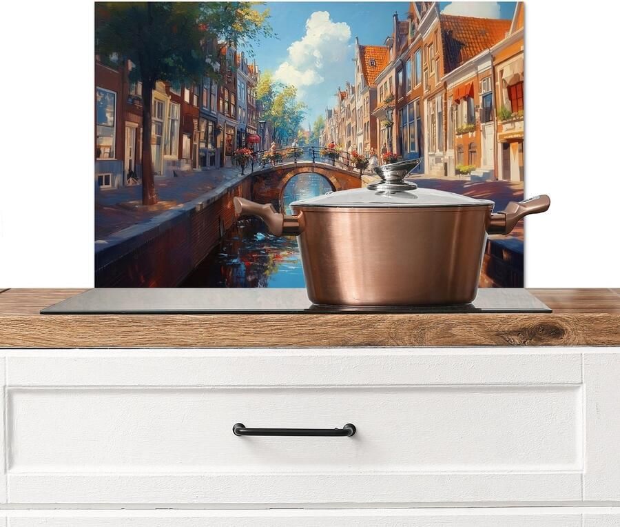KitchenYeah Spatscherm keuken 70x50 cm Kookplaat achterwand Stad Gracht Zon Fietsen Muurbeschermer Spatwand fornuis Hoogwaardig aluminium