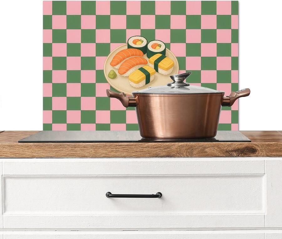KitchenYeah Spatscherm keuken 70x50 cm Kookplaat achterwand Sushi Bord Geblokt Groen Muurbeschermer Spatwand fornuis Hoogwaardig aluminium
