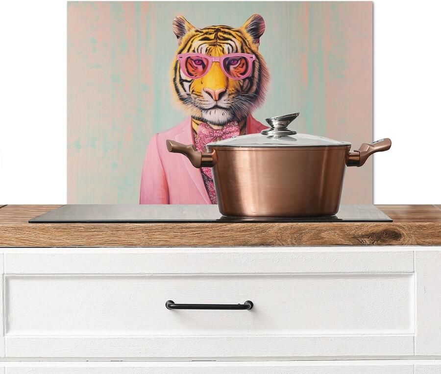 KitchenYeah Spatscherm keuken 70x50 cm Kookplaat achterwand Tijger Strik Jasje Roze Muurbeschermer Spatwand fornuis Hoogwaardig aluminium