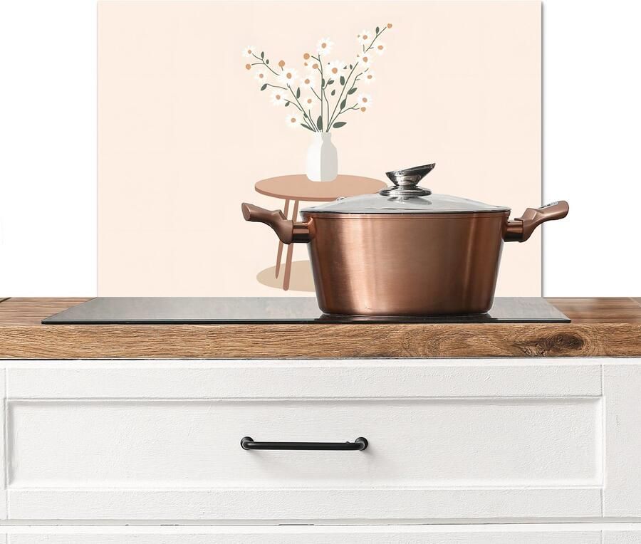 KitchenYeah Spatscherm keuken 70x50 cm Kookplaat achterwand Vaas Bloemen Madeliefjes Beige Muurbeschermer Spatwand fornuis Hoogwaardig aluminium