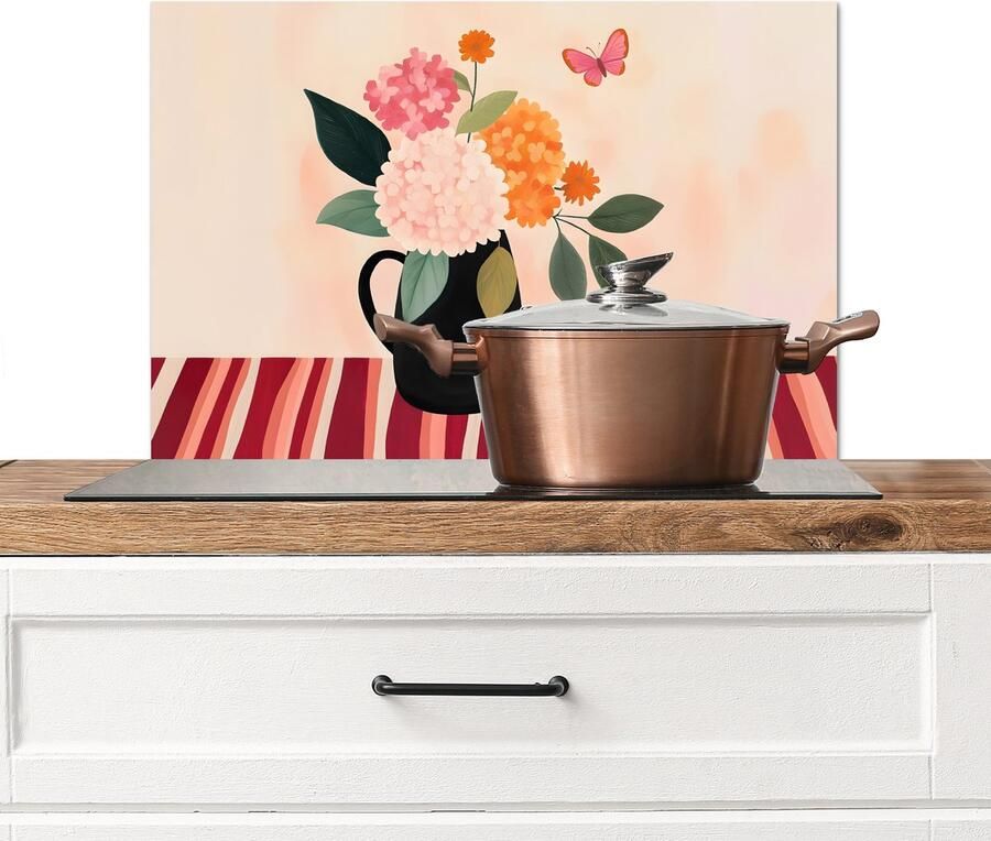 KitchenYeah Spatscherm keuken 70x50 cm Kookplaat achterwand Vaas Bloemen Vlinder Rood Muurbeschermer Spatwand fornuis Hoogwaardig aluminium