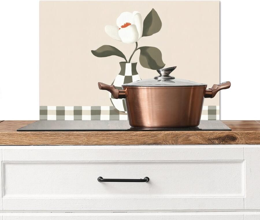 KitchenYeah Spatscherm keuken 70x50 cm Kookplaat achterwand Vaas Geruit Groen Bloem Muurbeschermer Spatwand fornuis Hoogwaardig aluminium