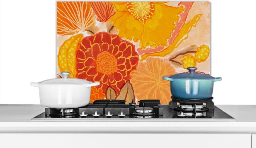 KitchenYeah Spatscherm keuken 70x50 cm Kookplaat achterwand Vintage Boeket Bloemen Geel Kleuren Muurbeschermer Spatwand fornuis Hoogwaardig aluminium