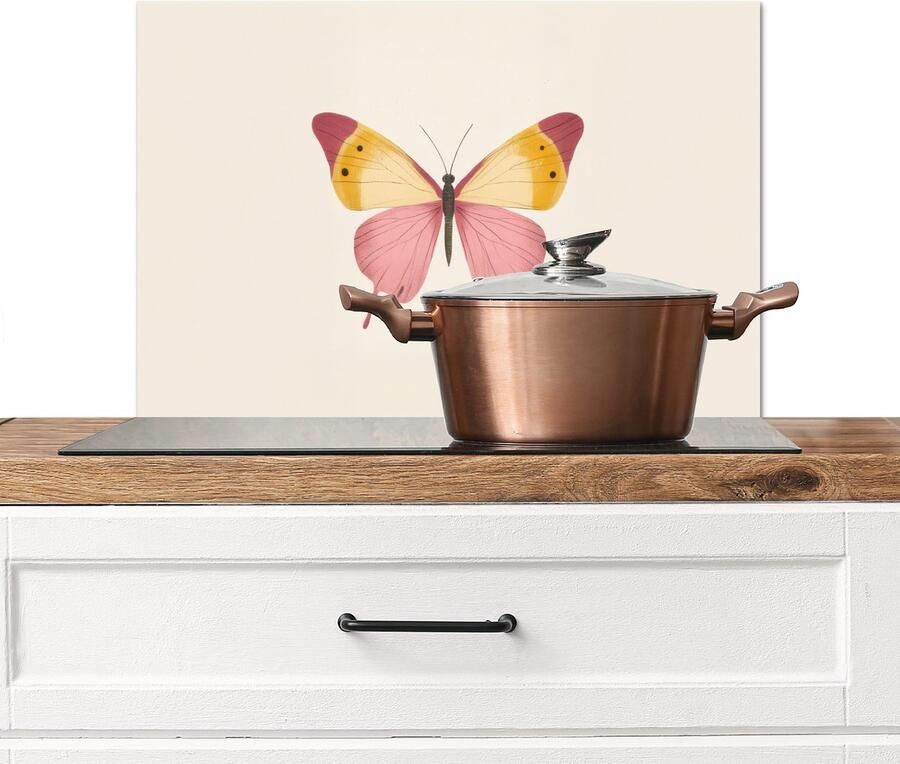 KitchenYeah Spatscherm keuken 70x50 cm Kookplaat achterwand Vlinder Illustratie Roze Muurbeschermer Spatwand fornuis Hoogwaardig aluminium