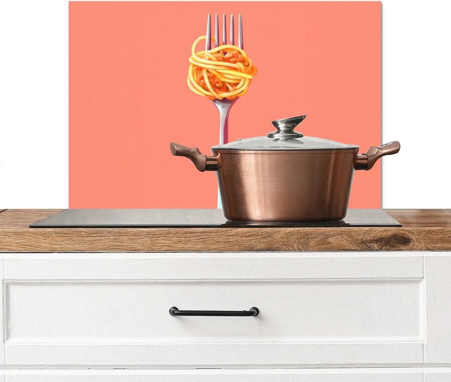 KitchenYeah Spatscherm keuken 70x50 cm Kookplaat achterwand Vork Spaghetti Artistiek Roze Muurbeschermer Spatwand fornuis Hoogwaardig aluminium