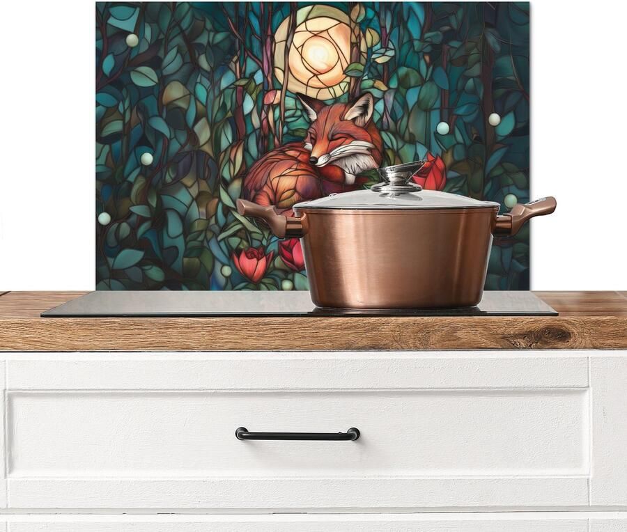KitchenYeah Spatscherm keuken 70x50 cm Kookplaat achterwand Vos Mozaïek Bos Maan Muurbeschermer Spatwand fornuis Hoogwaardig aluminium