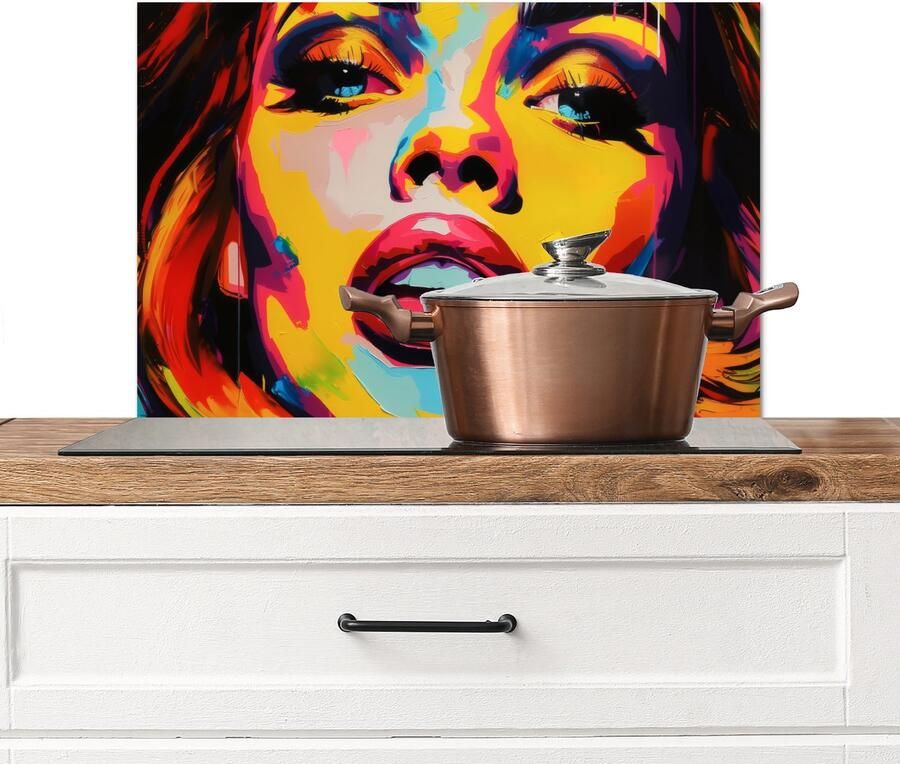 KitchenYeah Spatscherm keuken 70x50 cm Kookplaat achterwand Vrouw Gezicht Kleurrijk Muurbeschermer Spatwand fornuis Hoogwaardig aluminium