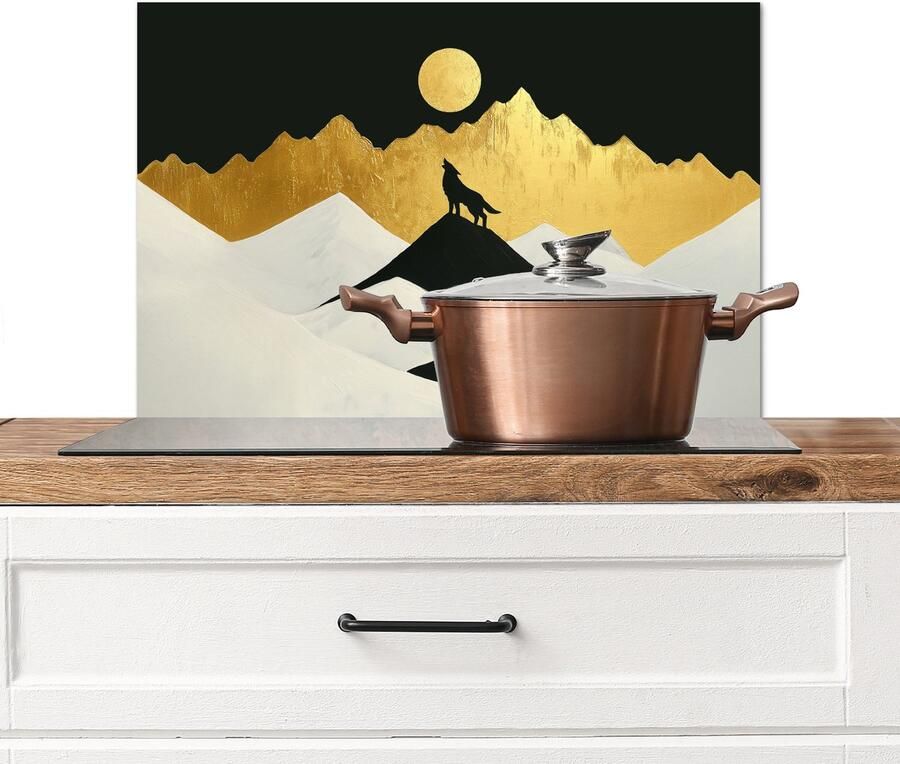 KitchenYeah Spatscherm keuken 70x50 cm Kookplaat achterwand Wolf Bergen Maan Zwart Muurbeschermer Spatwand fornuis Hoogwaardig aluminium