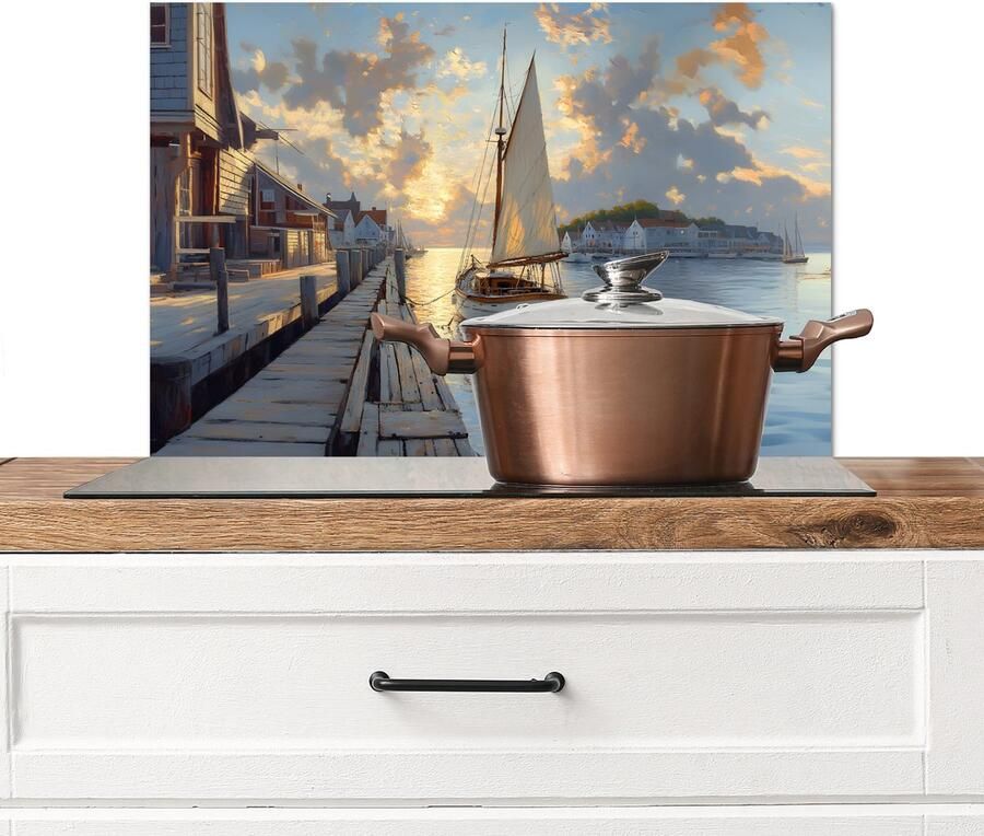 KitchenYeah Spatscherm keuken 70x50 cm Kookplaat achterwand Zeilboot Zon Pier Hout Muurbeschermer Spatwand fornuis Hoogwaardig aluminium