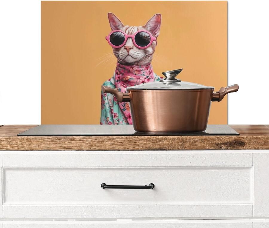 KitchenYeah Spatscherm keuken 70x50 cm Kookplaat achterwand Zonnebril Kat Sjaal Bloemen Muurbeschermer Spatwand fornuis Hoogwaardig aluminium
