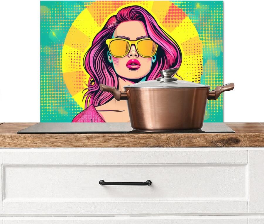 KitchenYeah Spatscherm keuken 70x50 cm Kookplaat achterwand Zonnebril Vrouw Zonnig Geel Muurbeschermer Spatwand fornuis Hoogwaardig aluminium